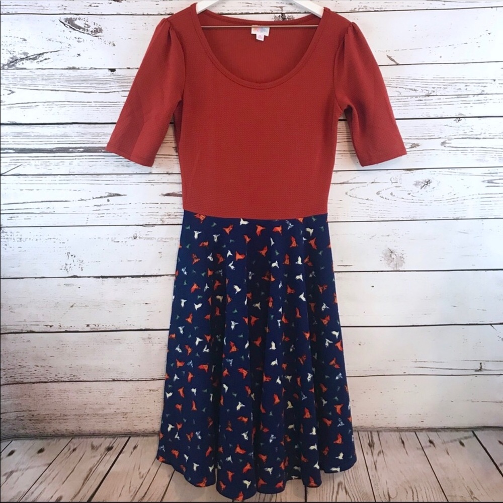 EUC Lularoe Nicole orange navy bird dress M
